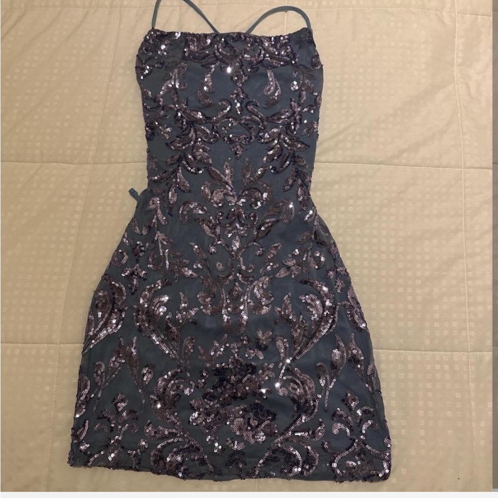 Windsor Blue Sequin Lace Up Back Dress